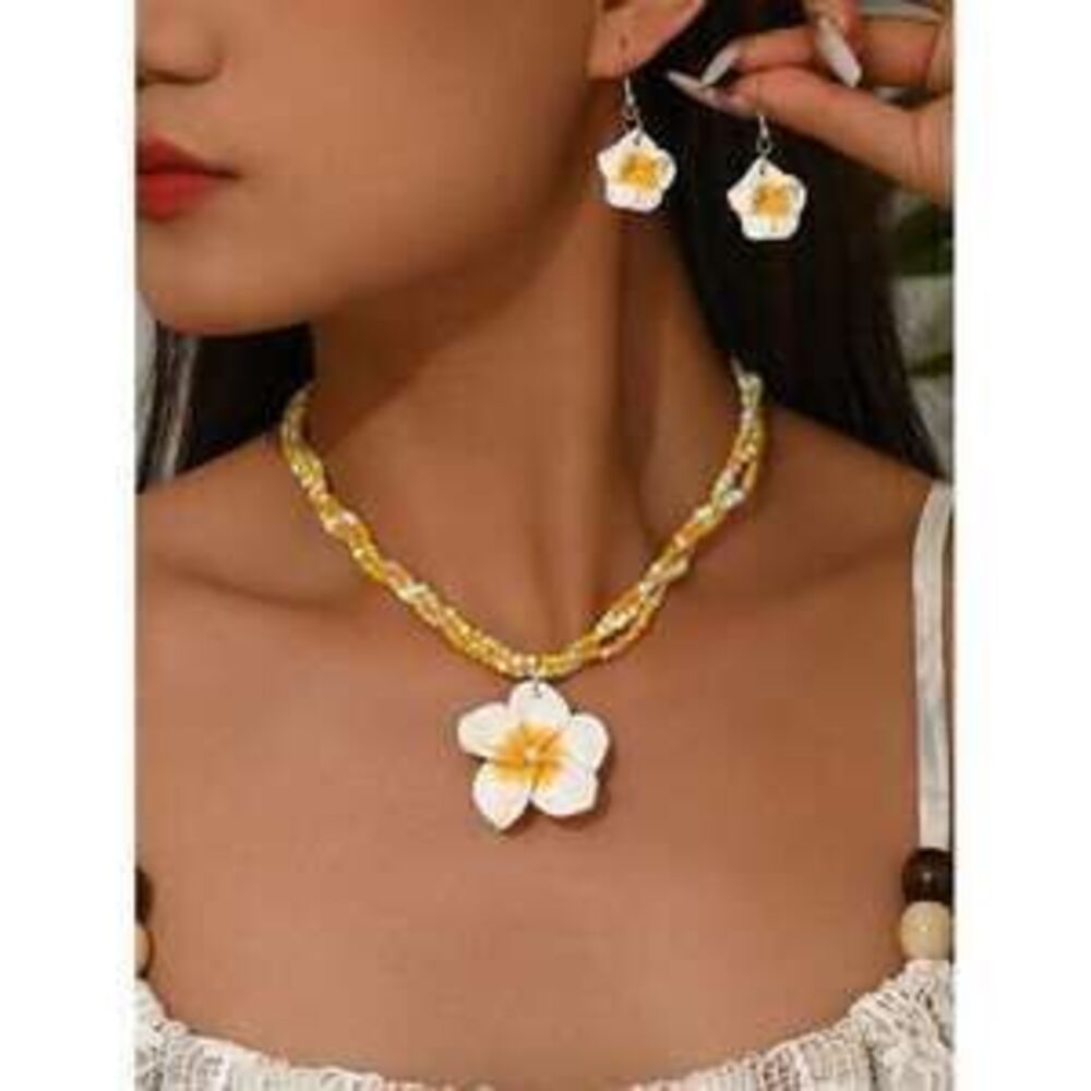 Boho Beaded Necklace Earrings Polymer Clay Plumeria Y2K Dainty